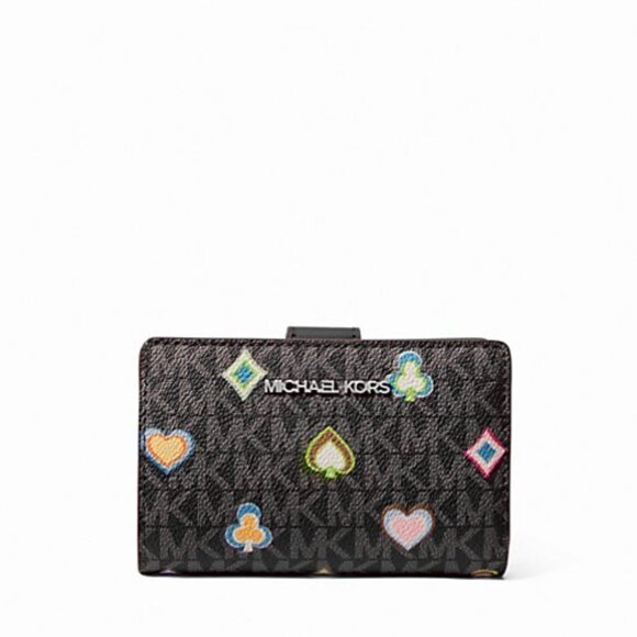 New Michael Kors Jet Set Medium Printed Signature Logo Wallet Black Multi - Picture 1 of 2